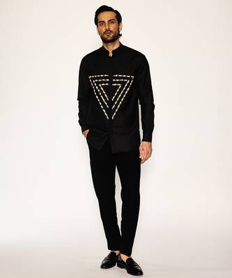 Black embroidered woolen blend shirt 1