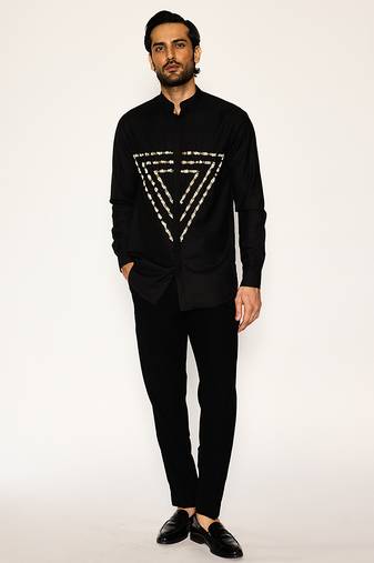 Black embroidered woolen blend shirt