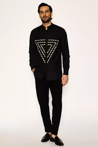 Black embroidered woolen blend shirt
