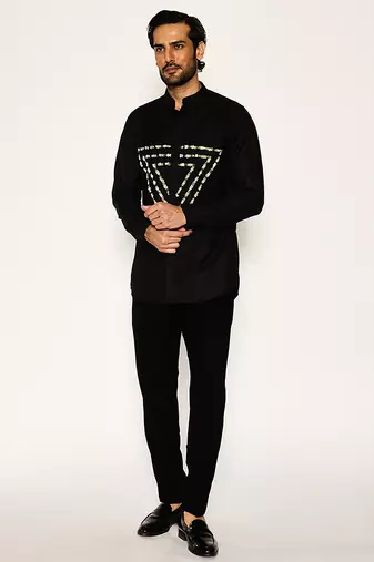 Black embroidered woolen blend shirt