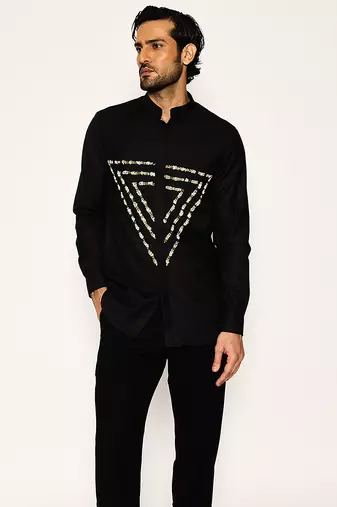 Black embroidered woolen blend shirt