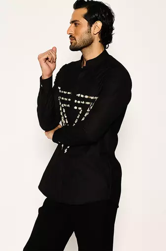 Black embroidered woolen blend shirt