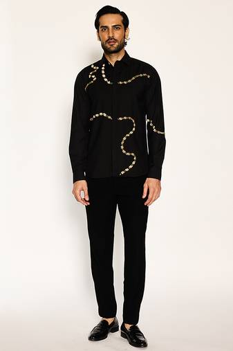 Black embroidered woolen blend shirt