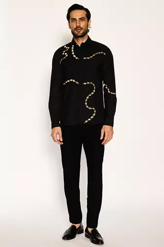 Black embroidered woolen blend shirt