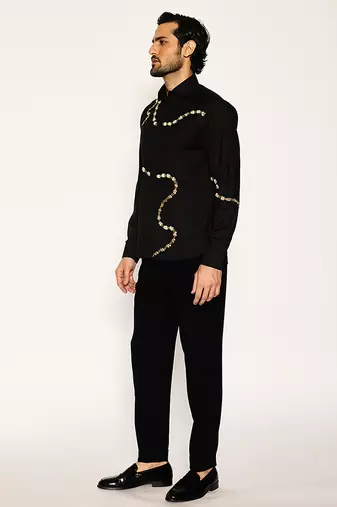 Black embroidered woolen blend shirt