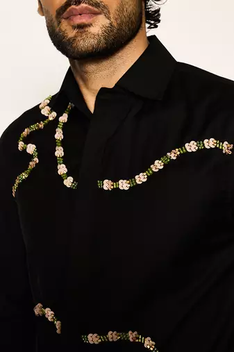 Black embroidered woolen blend shirt