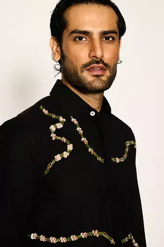Black embroidered woolen blend shirt