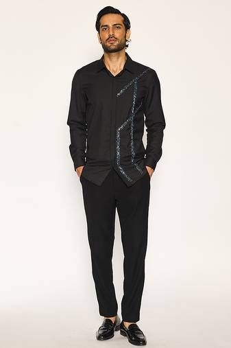 Black embroidered woolen blend shirt