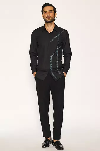 Black embroidered woolen blend shirt