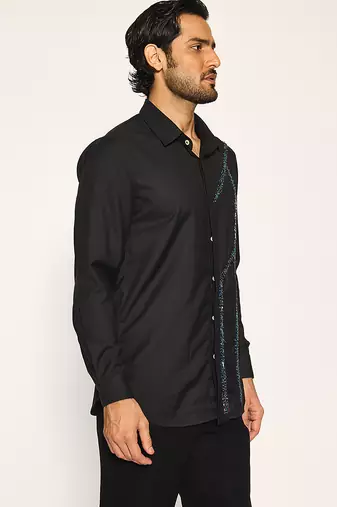 Black embroidered woolen blend shirt