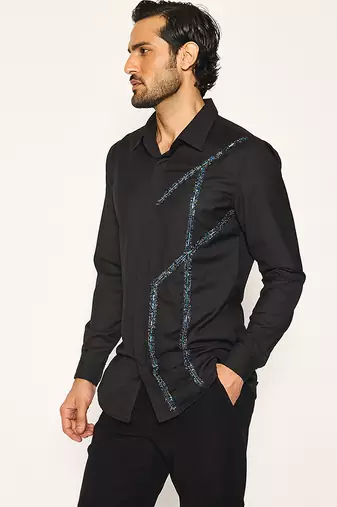 Black embroidered woolen blend shirt