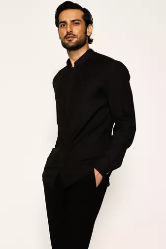 Black plain woolen blend shirt