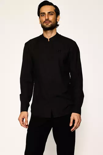 Black plain woolen blend shirt