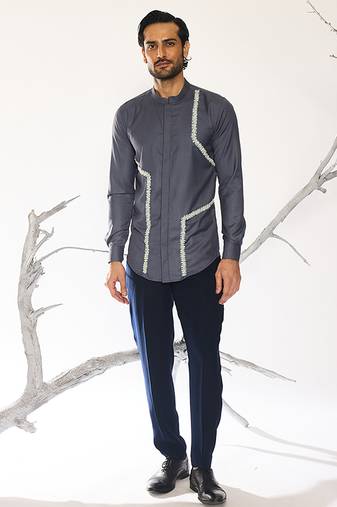 Black embroidered woolen blend shirt