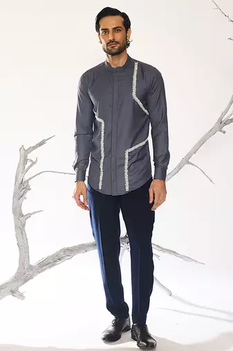 Black embroidered woolen blend shirt