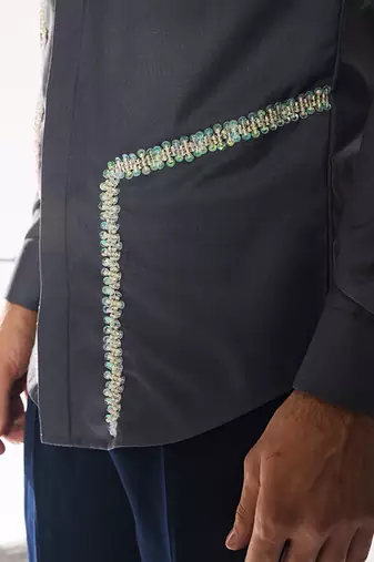 Black embroidered woolen blend shirt