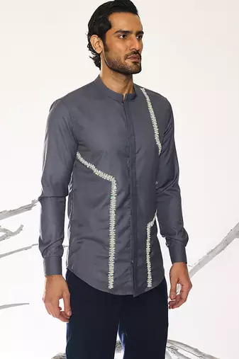 Black embroidered woolen blend shirt