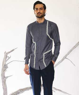 Black embroidered woolen blend shirt 4