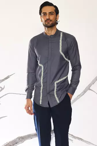 Black embroidered woolen blend shirt