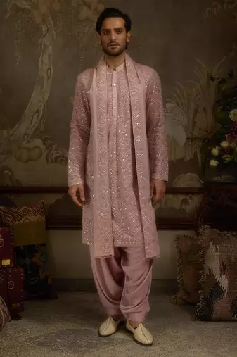 Pink embroidered georgette kurta pajama