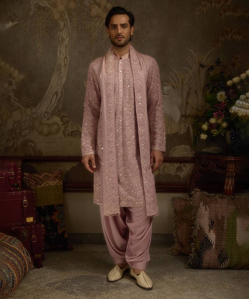 Pink embroidered georgette kurta pajama