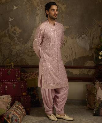 Pink embroidered georgette kurta pajama 3