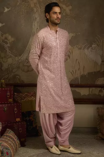 Pink embroidered georgette kurta pajama