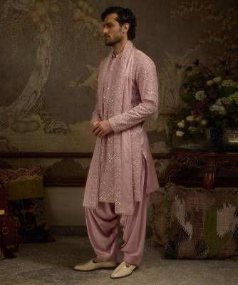 Pink embroidered georgette kurta pajama 4
