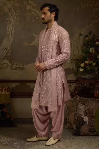 Pink embroidered georgette kurta pajama