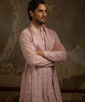 Pink embroidered georgette kurta pajama 5