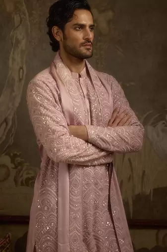 Pink embroidered georgette kurta pajama