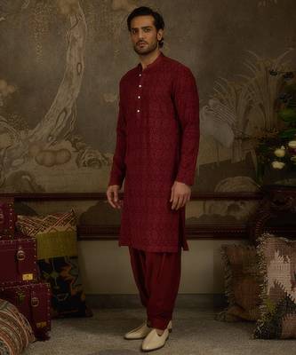 Maroon embroidered georgette kurta pajama 1