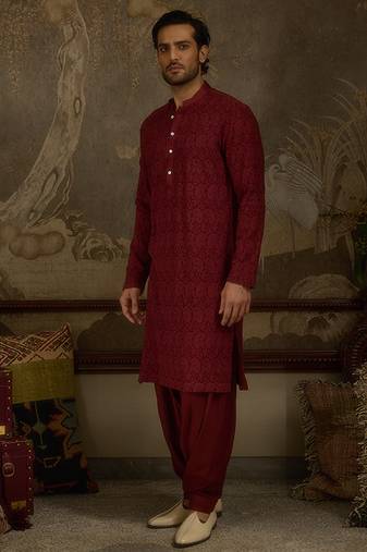 Maroon embroidered georgette kurta pajama