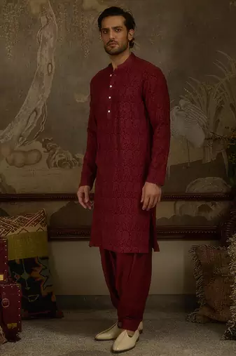 Maroon embroidered georgette kurta pajama