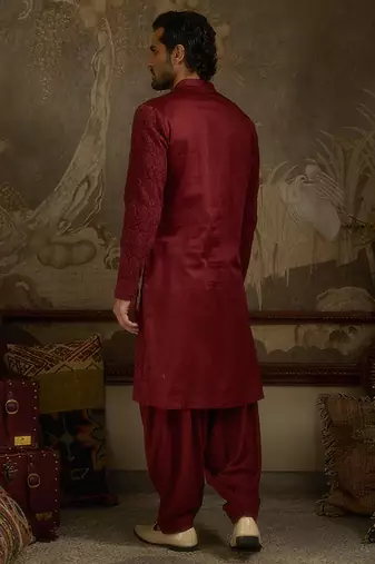 Maroon embroidered georgette kurta pajama