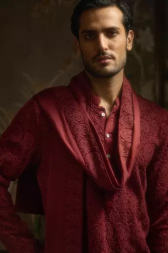 Maroon embroidered georgette kurta pajama