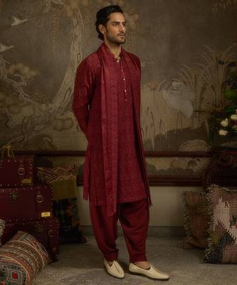 Maroon embroidered georgette kurta pajama 5