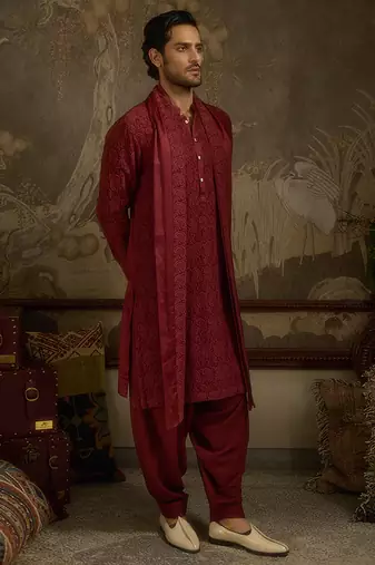 Maroon embroidered georgette kurta pajama