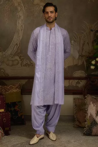 Purple embroidered georgette kurta pajama