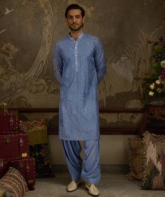 Blue embroidered georgette kurta pajama 1