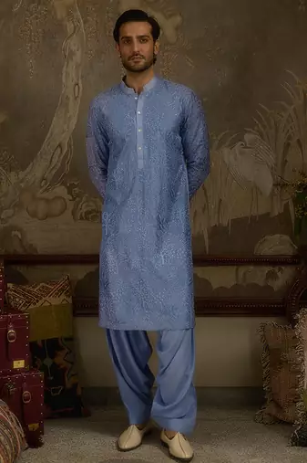 Blue embroidered georgette kurta pajama