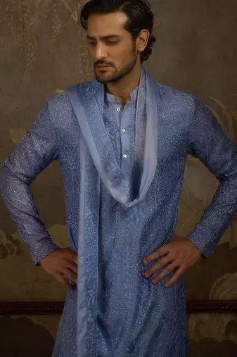 Blue embroidered georgette kurta pajama