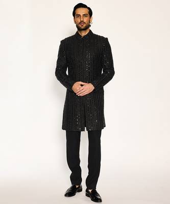 Black embroidered faux cotton bandhgala suit 1