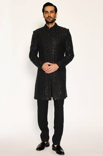 Black embroidered faux cotton bandhgala suit