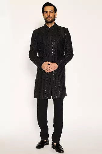 Black embroidered faux cotton bandhgala suit