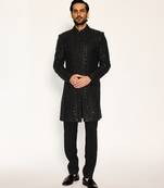 Black embroidered faux cotton bandhgala suit