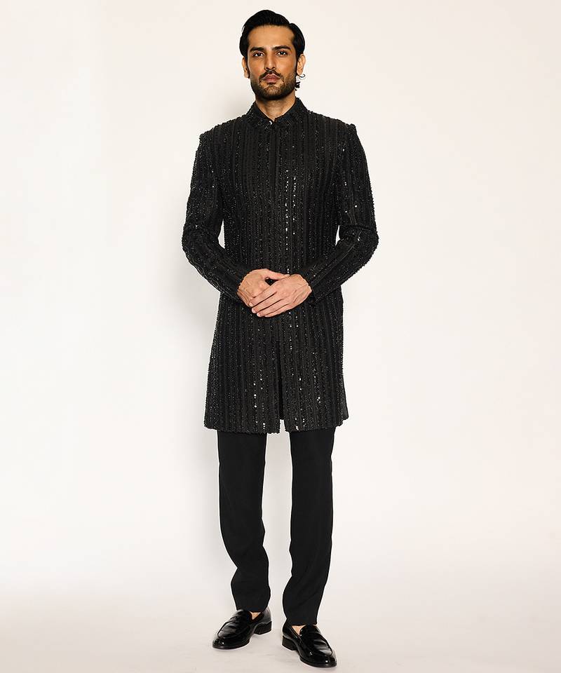 Black embroidered faux cotton bandhgala suit