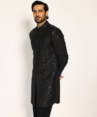 Black embroidered faux cotton bandhgala suit 2