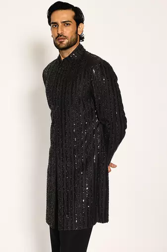Black embroidered faux cotton bandhgala suit