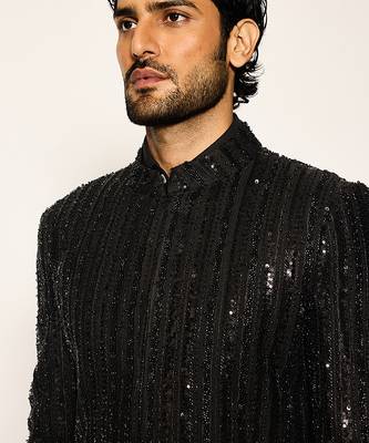 Black embroidered faux cotton bandhgala suit 3